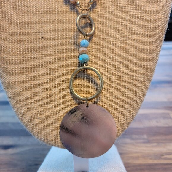 Y Pendant Necklace Blue/White Beads Large Golden Disc Leather Cord - Picture 4 of 14